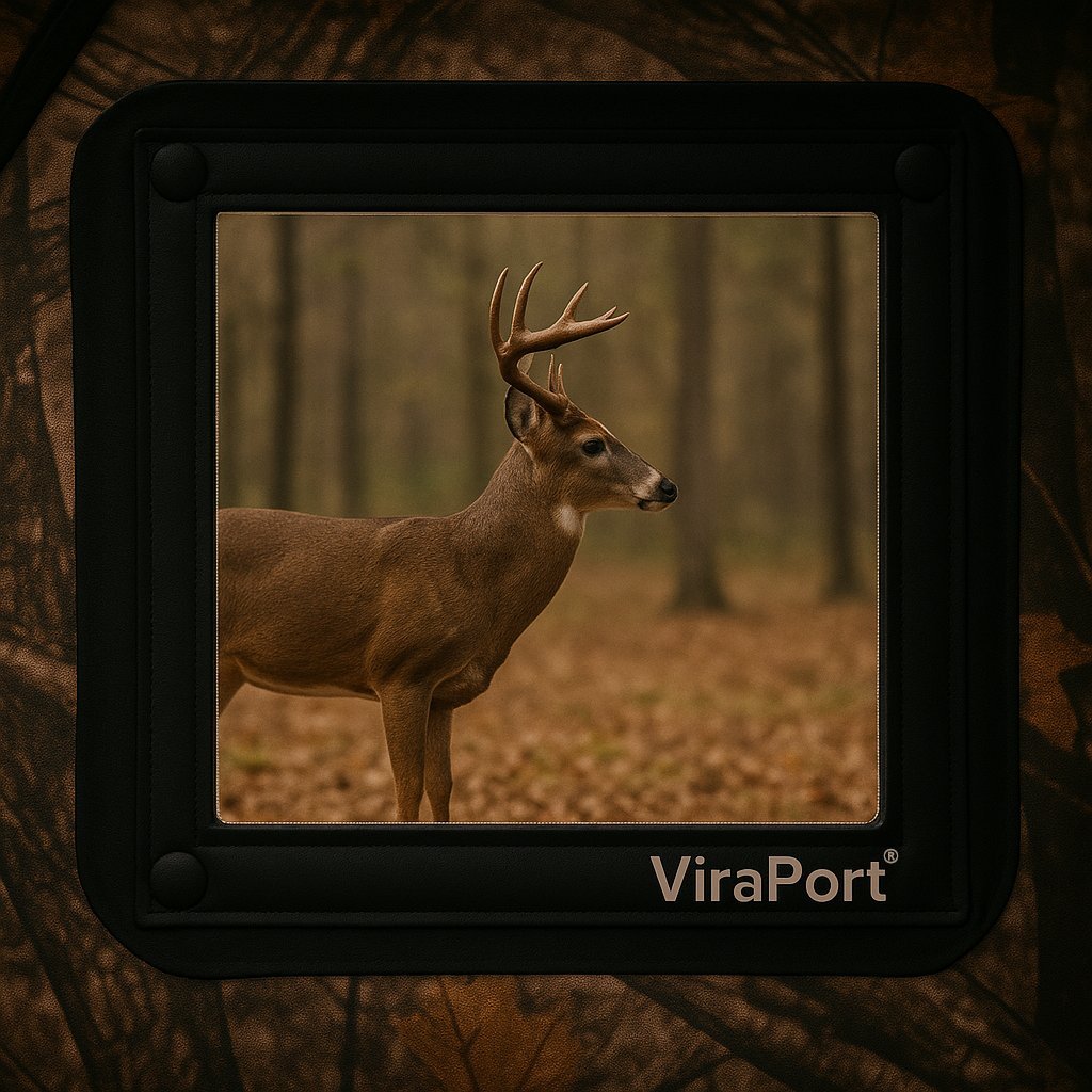 Single buck deer tracking through Viraport deer blind window