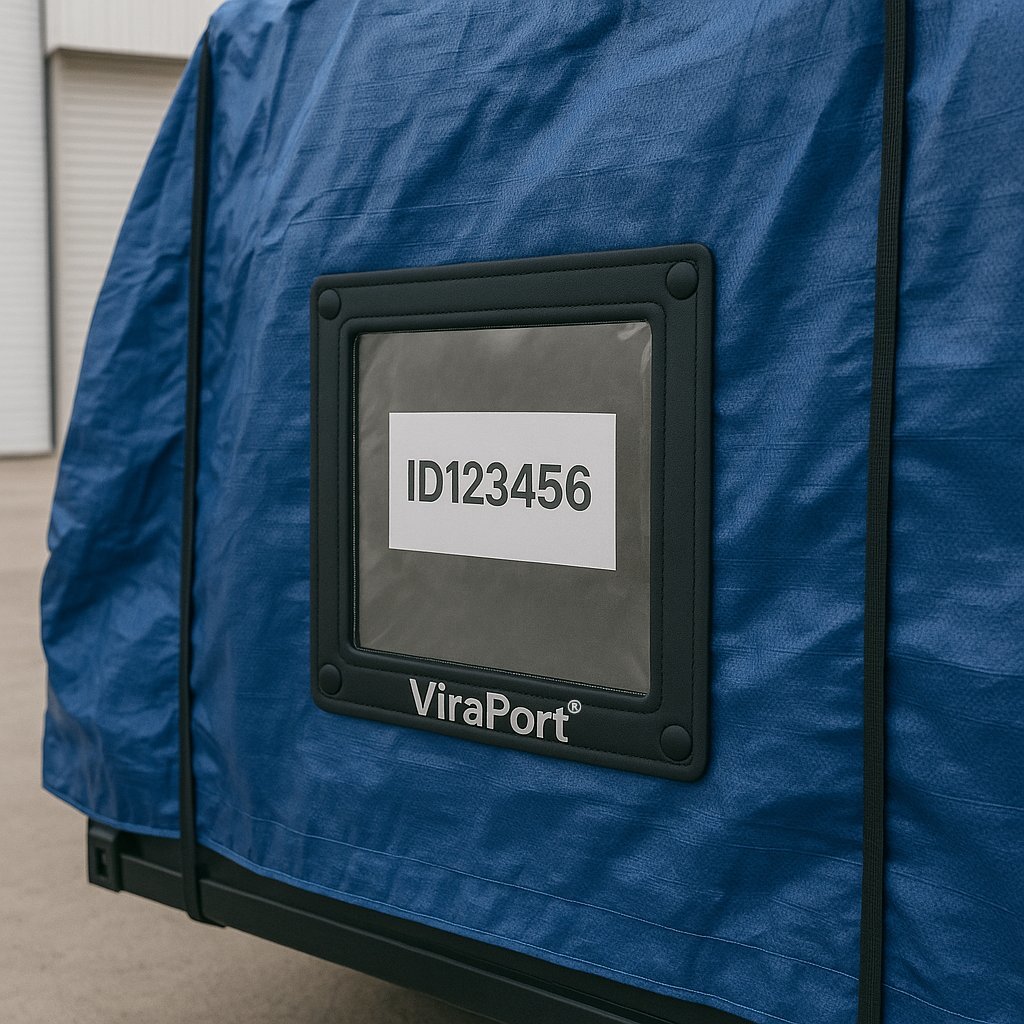 Shipping container ID visible through Viraport window for customs inspection